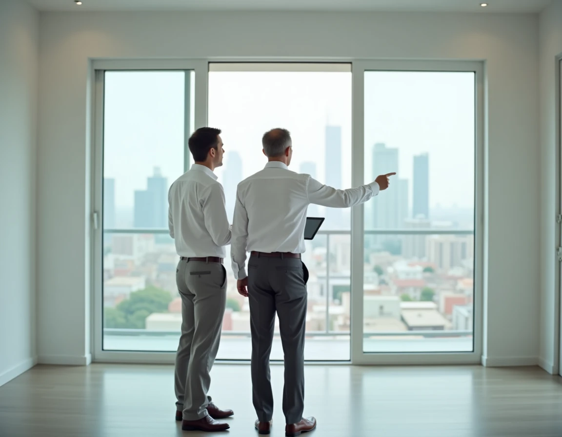 Agent immobilier présentant un appartement moderne avec vue sur la ville à un client potentiel
