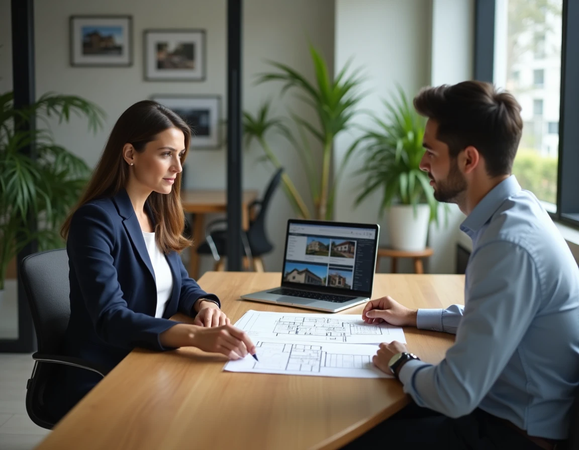 Agent immobilière présentant un plan de logement à un client dans une agence immobilière moderne
