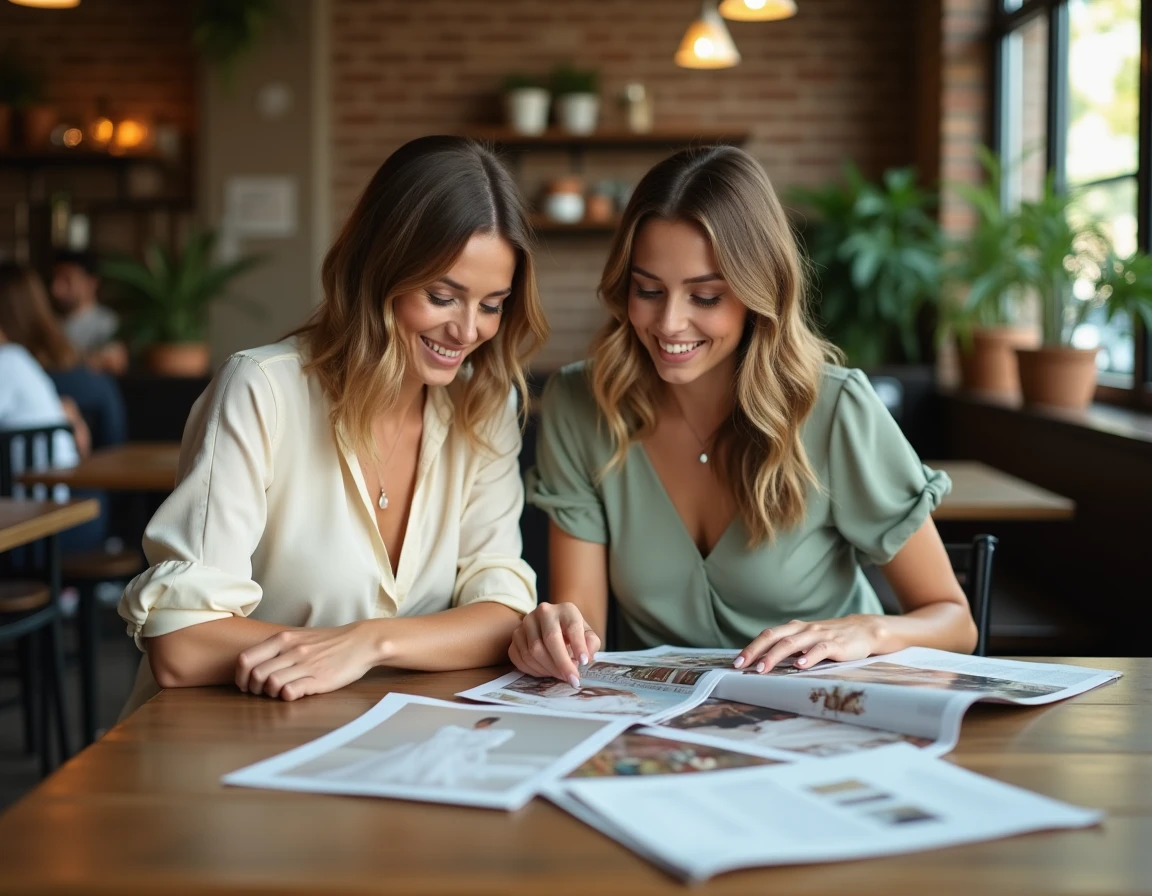 Deux amies discutant du choix d'une robe de mariée autour d'un café, entourées de magazines et d'échantillons de tissu sur une table en bois rustique