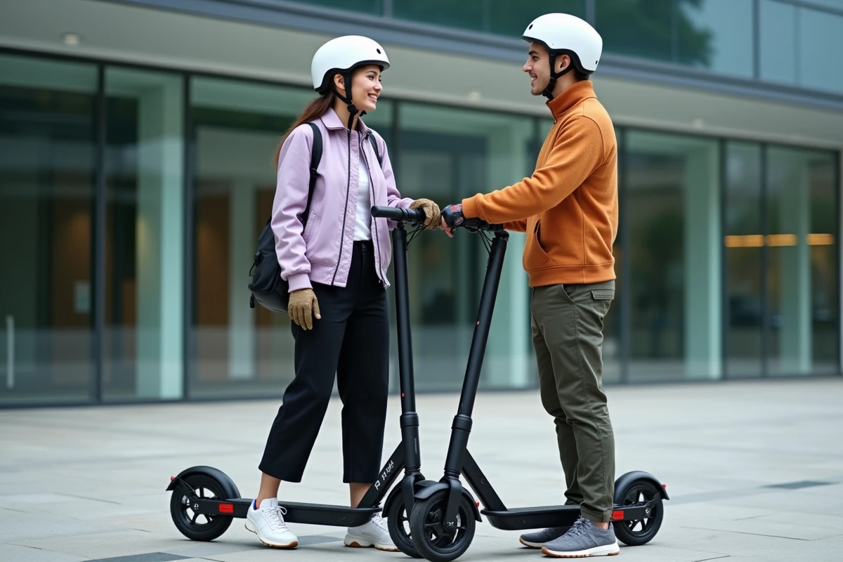 Deux amis équipés de casques et tenues adaptées préparant leurs trottinettes électriques sur une place urbaine moderne