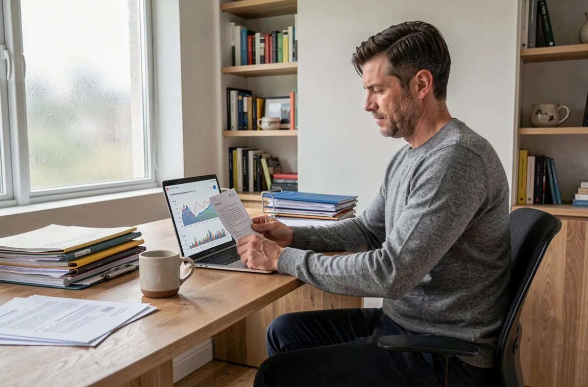 Homme analysant des documents de prêt immobilier et tendances du marché sur ordinateur à domicile