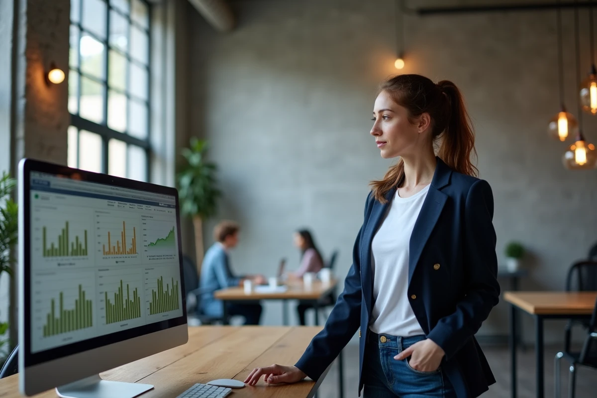 Femme analysant les performances et la visibilité de son blog sur un moniteur dans un espace de travail moderne
