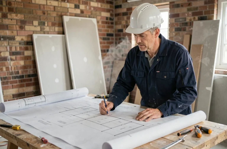 Architecte en chantier étudiant des plans de rénovation immobilière dans un appartement en travaux