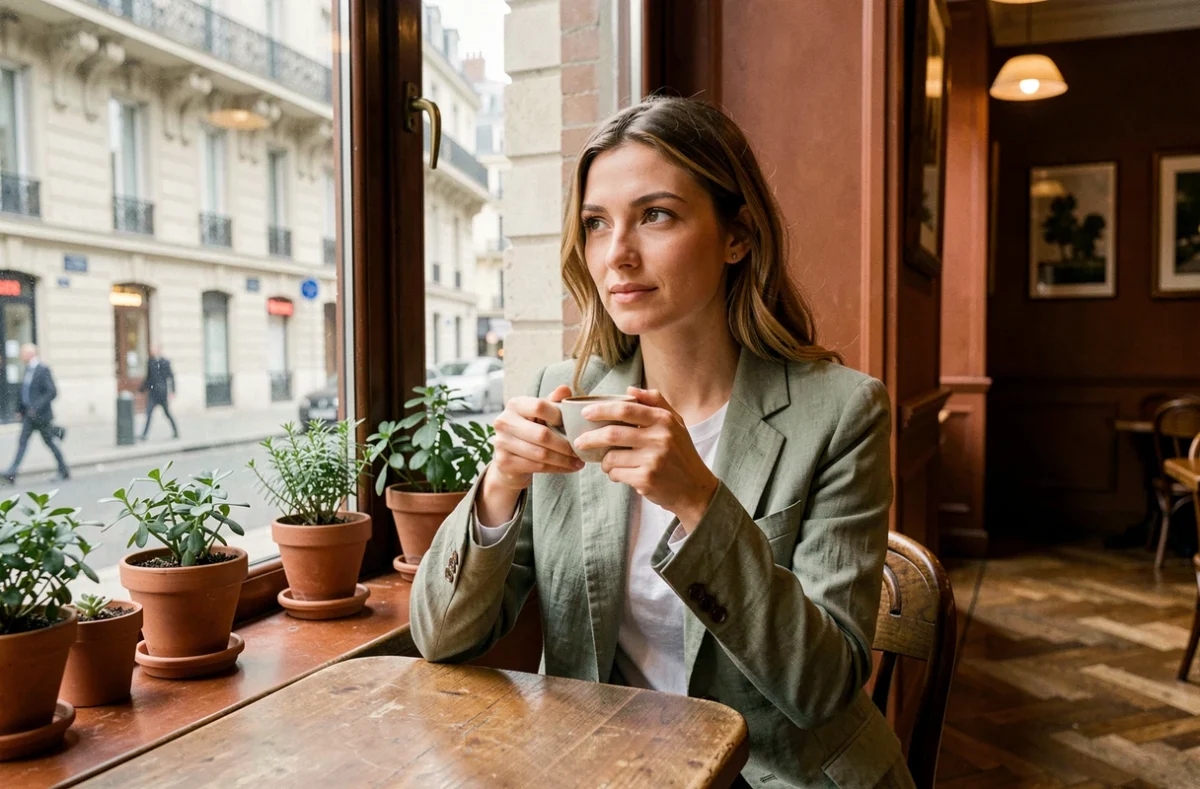 Femme parisienne au calme dans un café avant sa journée de travail, tenant une tasse en céramique face à une fenêtre donnant sur un immeuble haussmannien