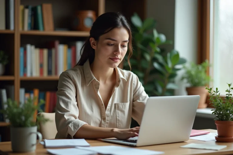 Femme blogueure tapant sur son ordinateur portable dans un bureau à domicile pour publier du contenu quotidiennement