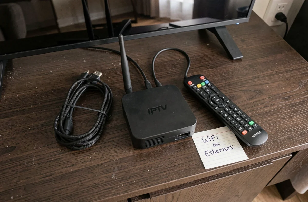 Vue de dessus d'un boîtier IPTV avec câble ethernet et antenne WiFi posés sur un meuble TV en bois
