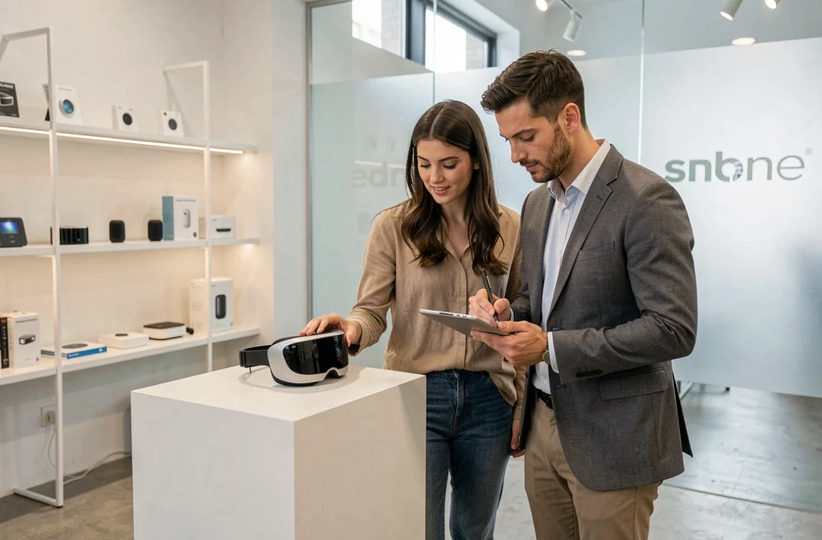Deux collègues découvrant un casque de réalité augmentée dans un showroom technologique