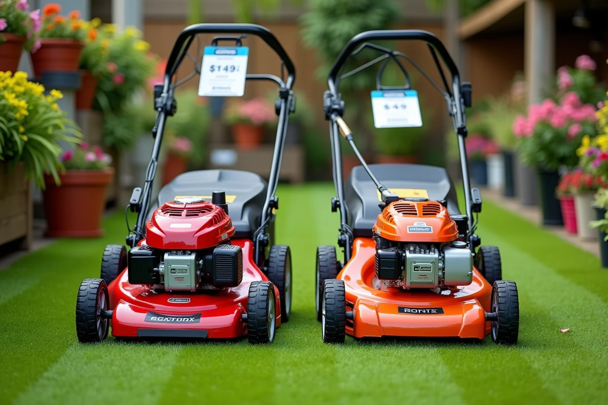 Comparaison de deux tondeuses thermiques de tailles différentes exposées dans un espace jardinerie en extérieur