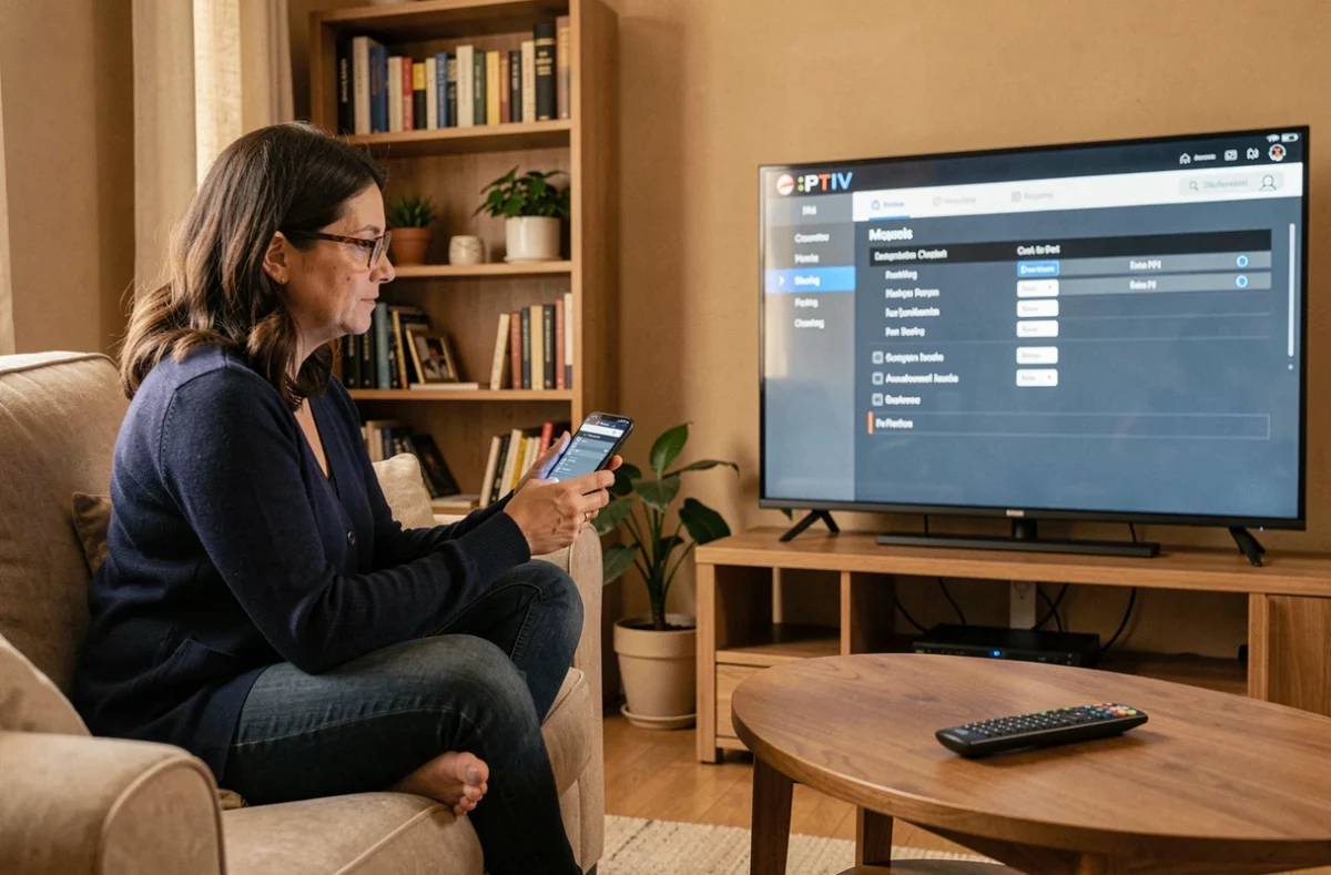 Femme configurant la connexion WiFi d'un service IPTV sur sa télévision depuis son smartphone dans un salon