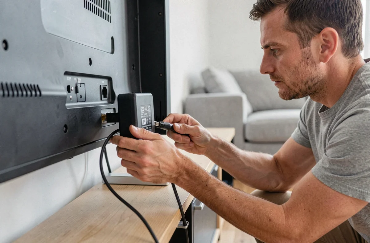 Homme connectant un câble ethernet sur un boîtier IPTV derrière une télévision murale dans un salon moderne