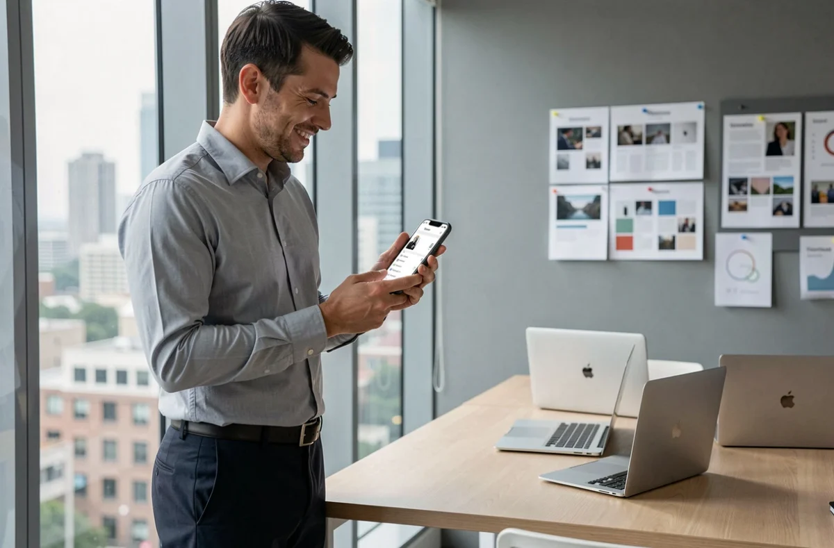 Entrepreneur consultant digital examinant une interface mobile dans une agence créative avec vue urbaine