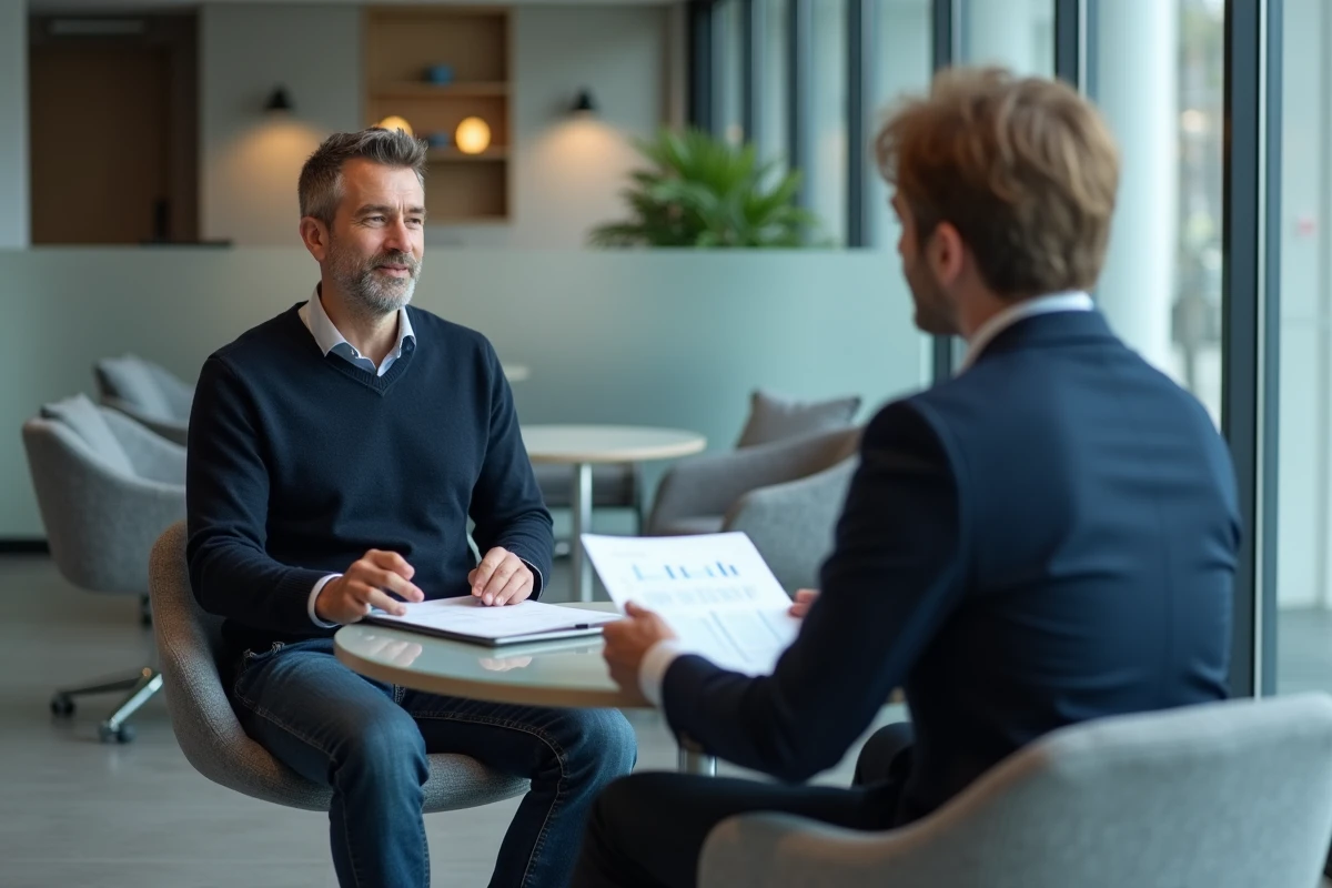 Homme consultant un conseiller financier dans un bureau moderne pour planifier sa liberté financière