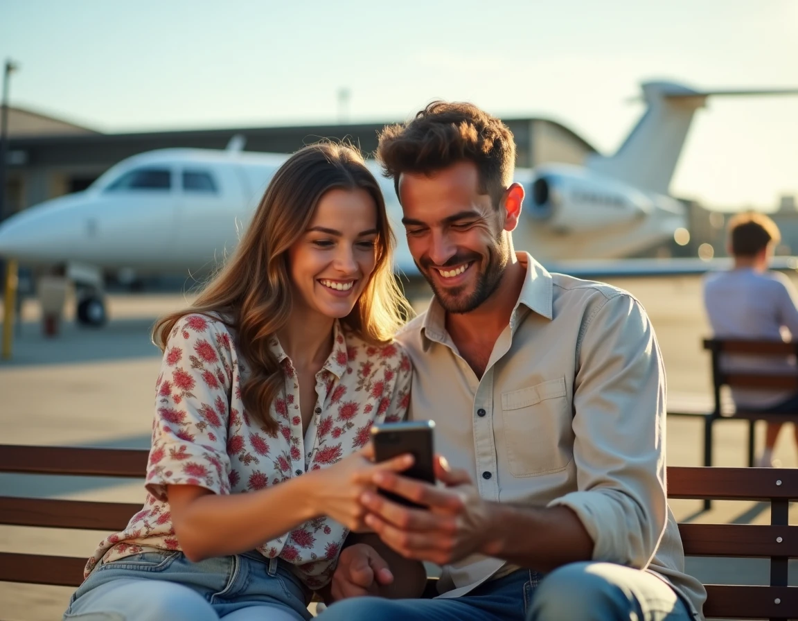 Couple consultant une application de vols Ryanair pas chers sur smartphone dans un terminal aéroport low-cost