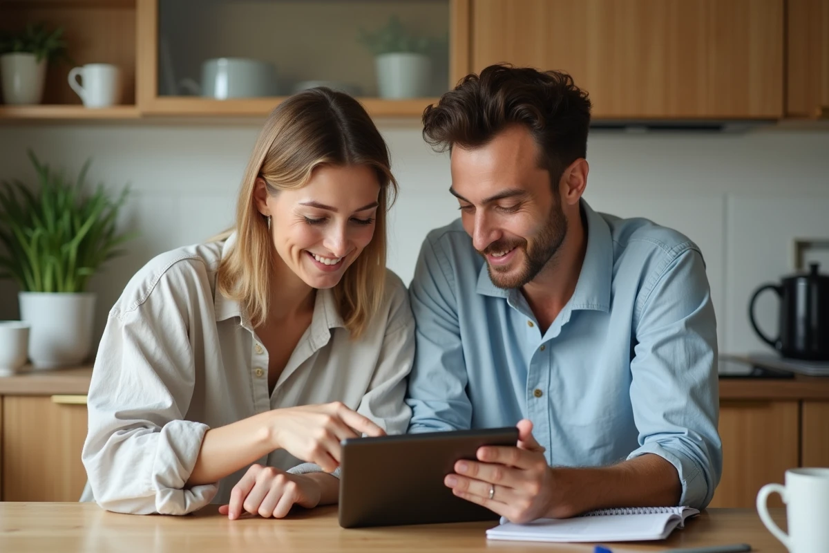Couple planifiant ensemble leur budget familial sur une tablette dans une cuisine moderne et lumineuse