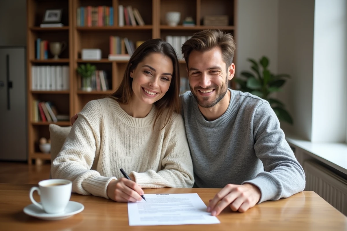 Couple examinant les conditions d'un prêt immobilier modulable Crédit Mutuel autour d'une table en bois