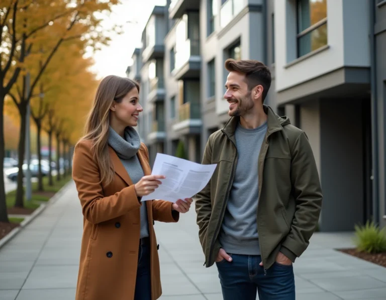 Couple devant un immeuble résidentiel moderne tenant des documents immobiliers, projet d'achat d'appartement en ville