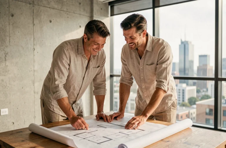 Couple examinant des plans architecturaux pour leur projet immobilier dans un appartement moderne en 2024