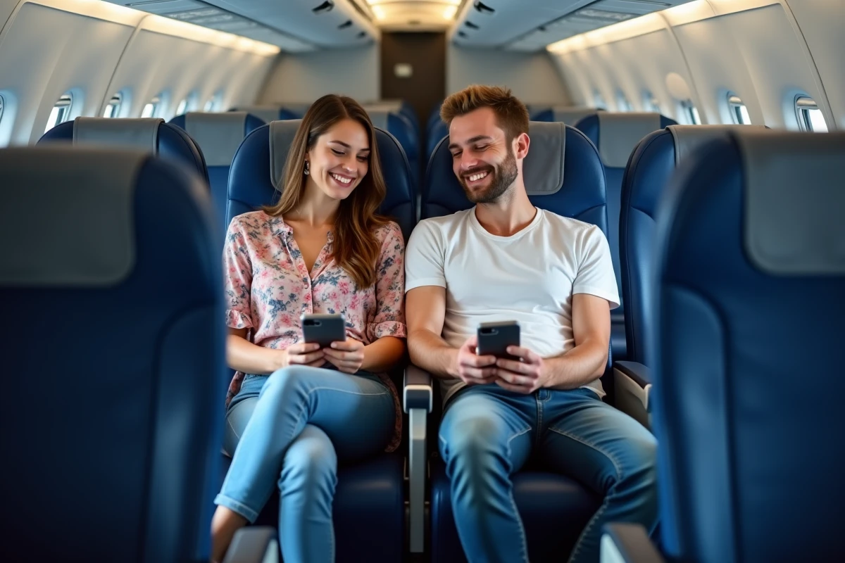 Couple profitant de l'espace supplémentaire aux jambes dans les sièges sortie de secours d'un avion Ryanair