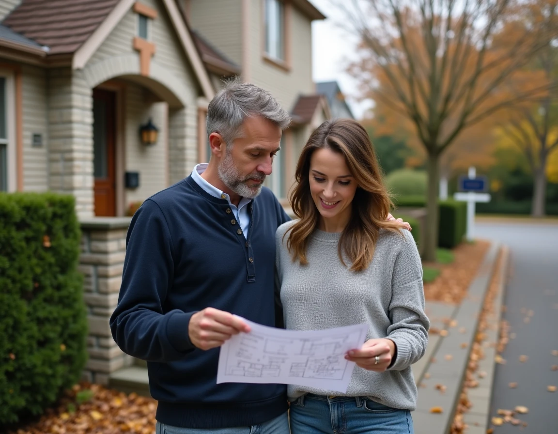 Couple examinant un plan de maison devant une propriété à vendre en automne