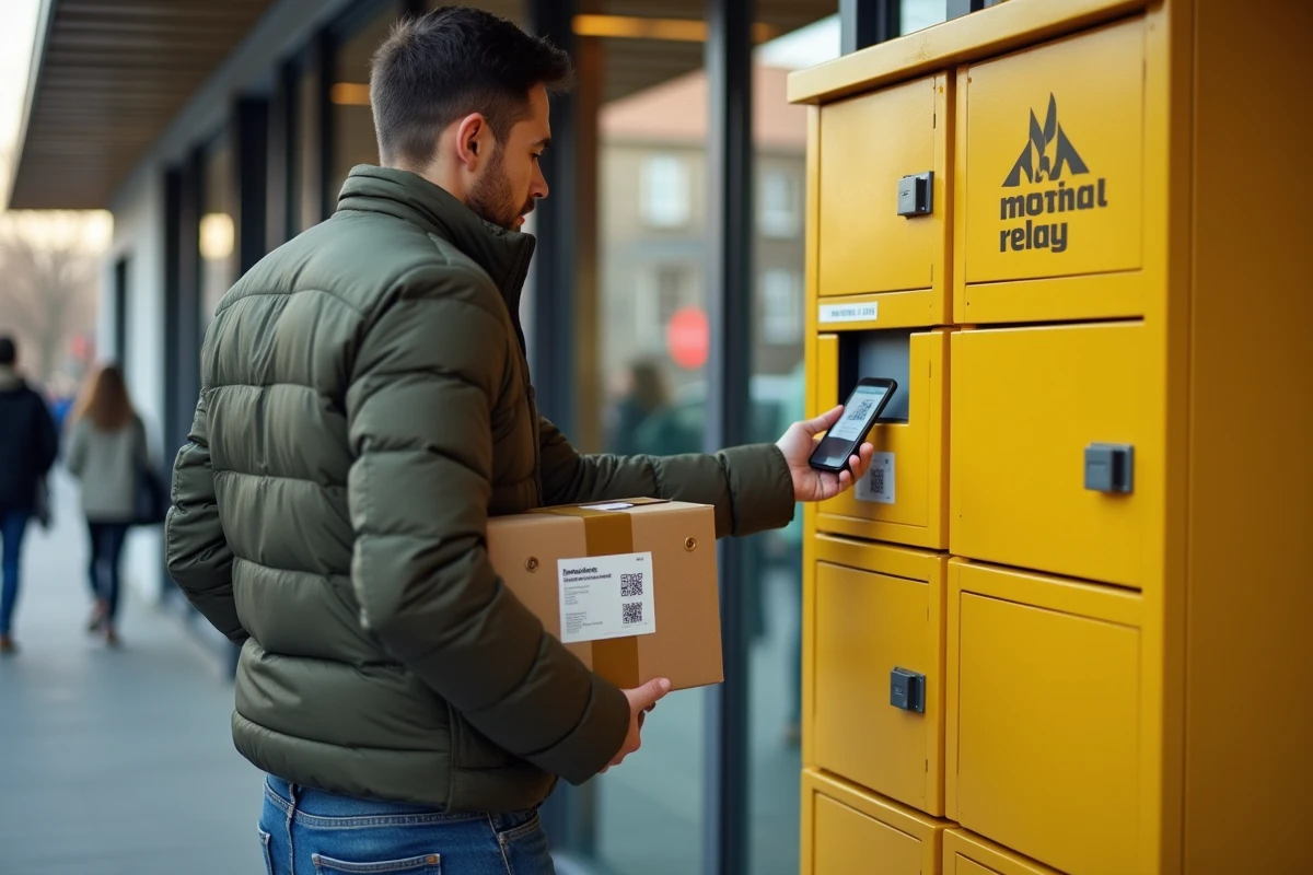 Homme déposant un colis Vinted Go dans un point relais Mondial Relay en scannant un QR code avec son smartphone
