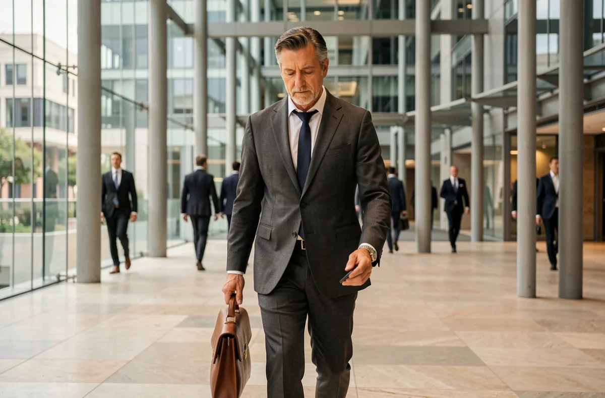 Entrepreneur français en costume charbon traversant l'atrium vitré d'un immeuble d'affaires contemporain avec smartphone en main