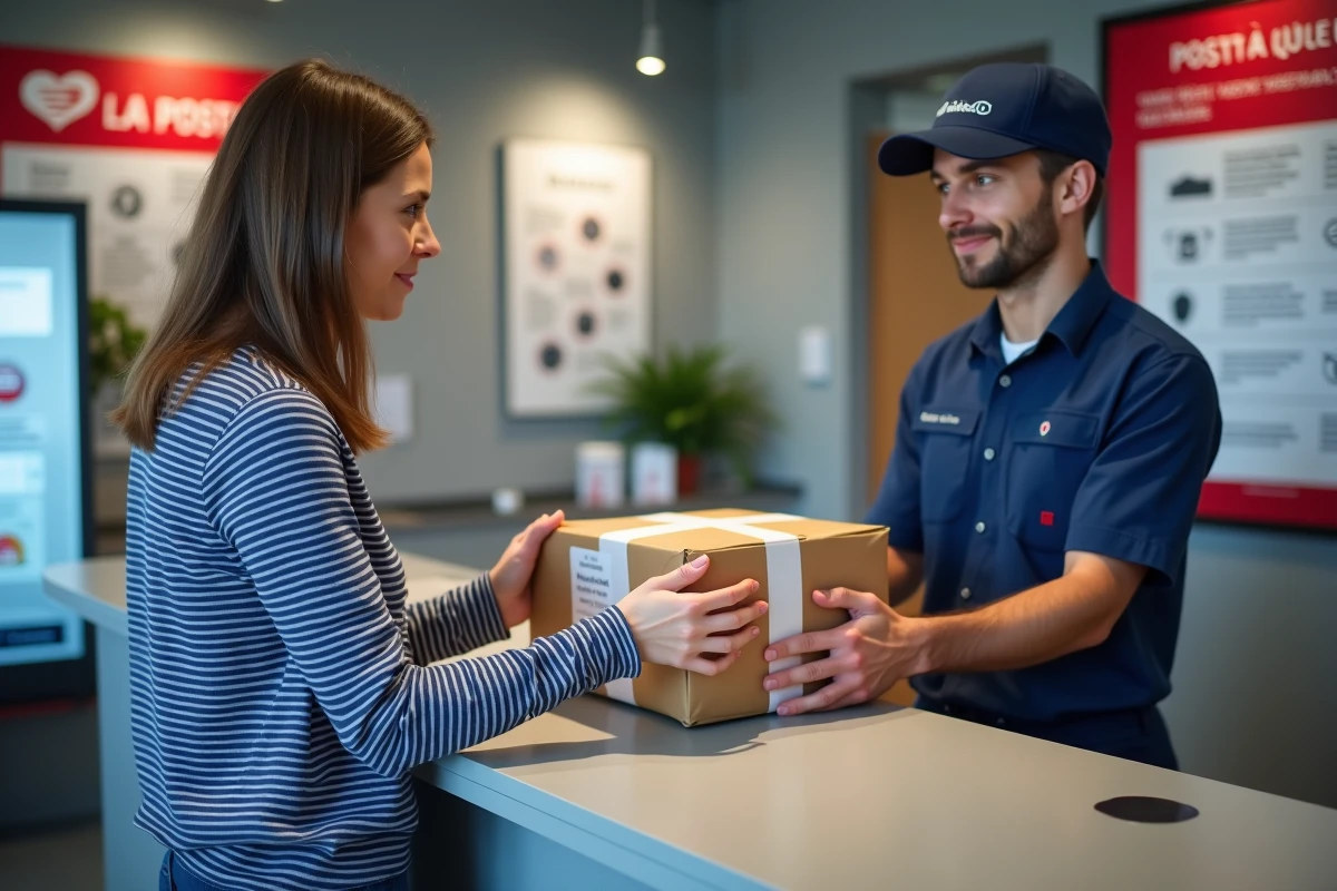 Femme déposant un colis Vinted Go à un guichet de La Poste en remettant le paquet à un agent postal en uniforme
