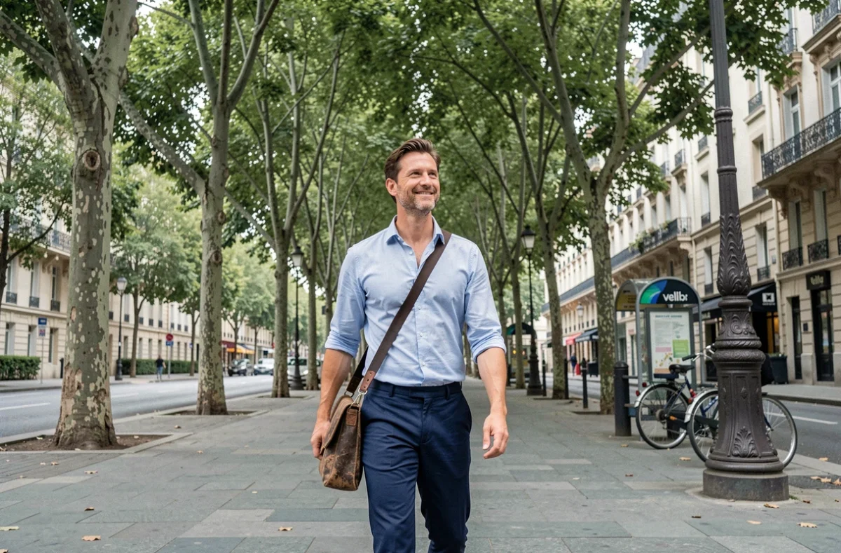 Homme actif marchant sans stress sur un boulevard parisien arboré avec un sac en cuir, illustrant l'équilibre entre vie professionnelle et bien-être à Paris