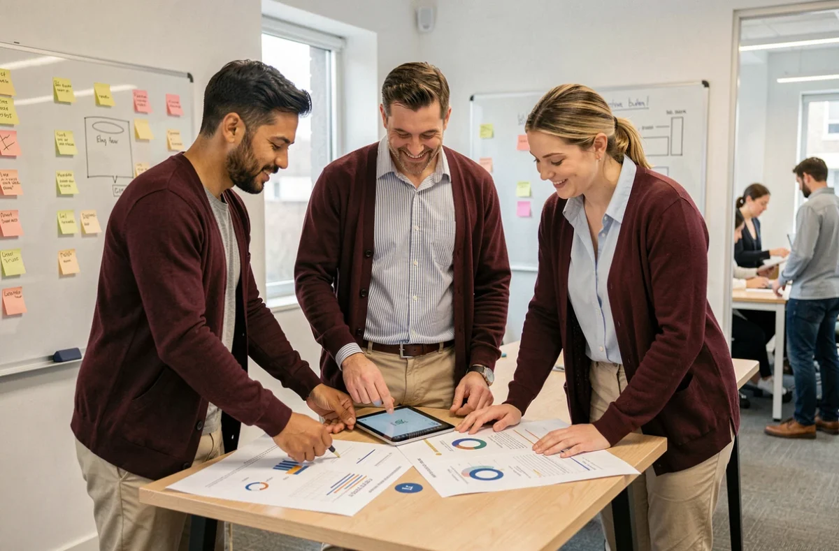 Équipe de professionnels du digital collaborant sur une stratégie de présence en ligne dans un espace de coworking