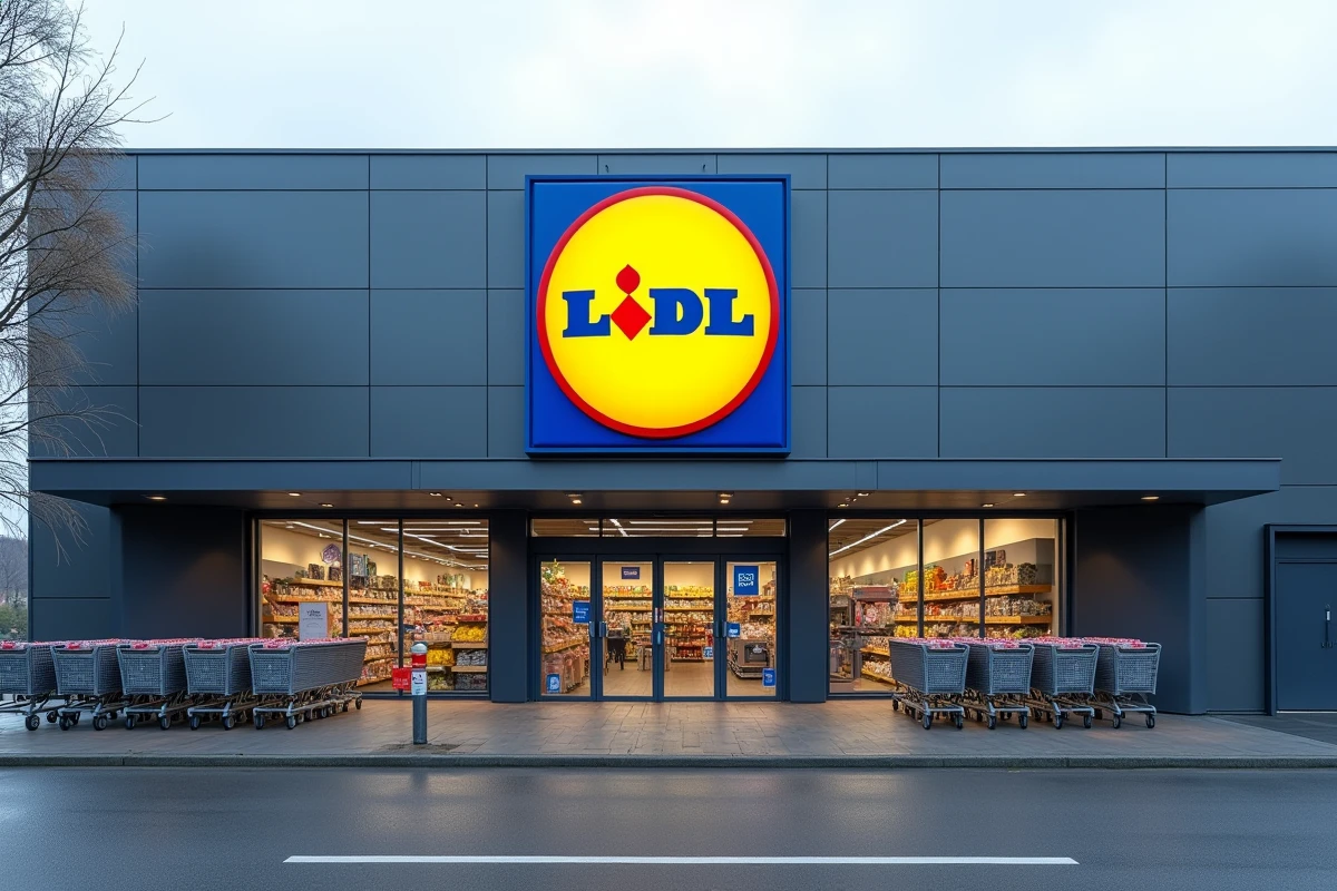 Façade extérieure d'un supermarché Lidl avec le logo circulaire rouge bleu et jaune bien visible sur le bâtiment