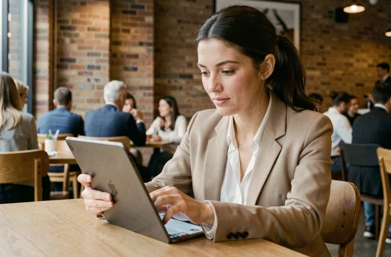 Femme parcourant les dernières actualités sur une tablette dans un café moderne
