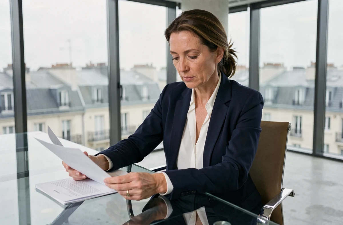 Femme d'affaires française en blazer marine analysant des documents dans un bureau parisien moderne avec vue sur les toits