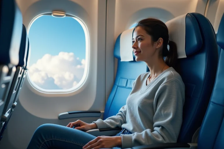 Femme assise confortablement côté hublot dans un avion Ryanair avec vue sur les nuages