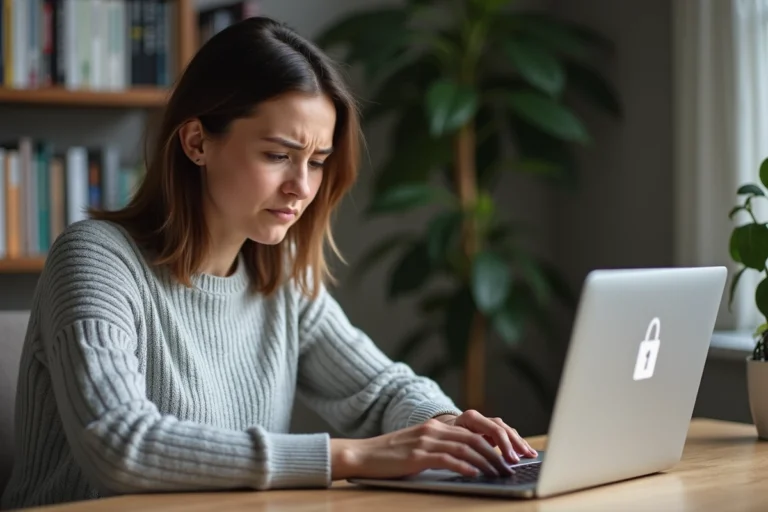 Femme frustrée face à une erreur de connexion sur son ordinateur portable, problème d'accès Mypeopledoc