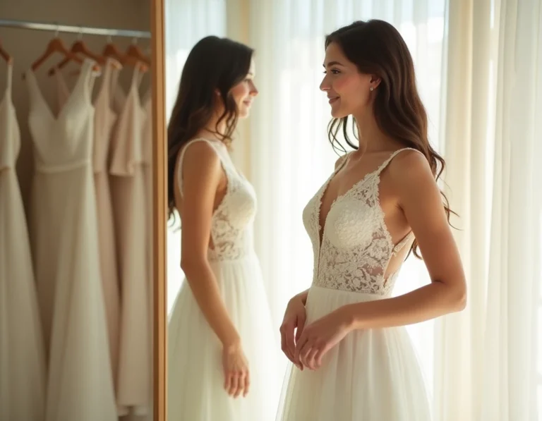 Jeune femme essayant une robe de mariée en dentelle ivoire dans une boutique de mariage élégante, se regardant dans un miroir avec un sourire sincère