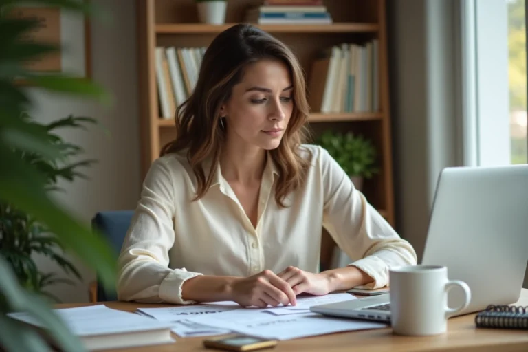 Femme concentrée gérant ses finances personnelles sur un bureau en bois avec des documents et un ordinateur portable