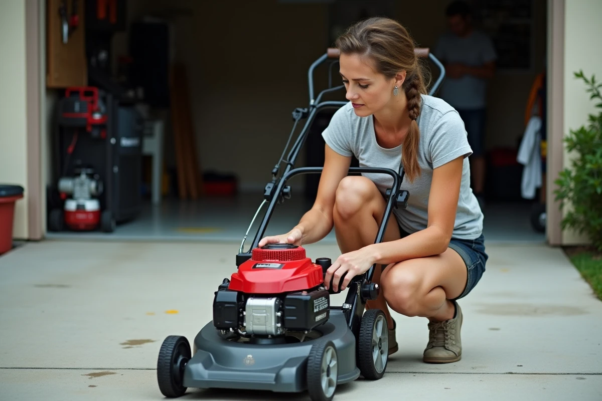 Femme inspectant les composants d'une tondeuse thermique avant utilisation dans une allée de garage