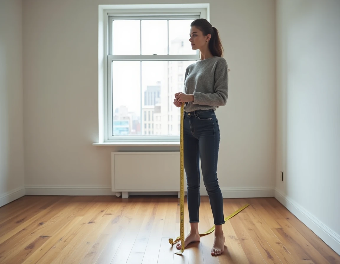 Jeune femme mesurant la superficie d'un studio vide en ville pour évaluer la taille minimum nécessaire à un logement confortable