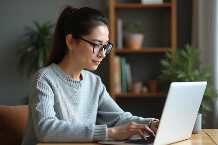 Femme cherchant des offres d'emploi en ligne sur un ordinateur portable dans un bureau à domicile