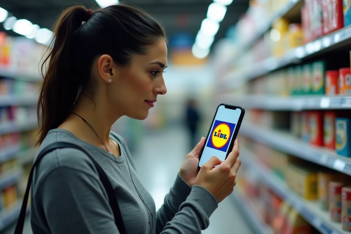 Femme consultant son smartphone affichant le logo Lidl dans le rayon d'un supermarché