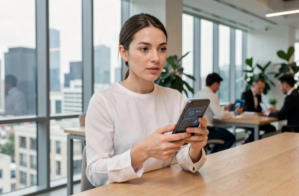 Femme tenant un smartphone pliable innovant dans un bureau moderne en 2024