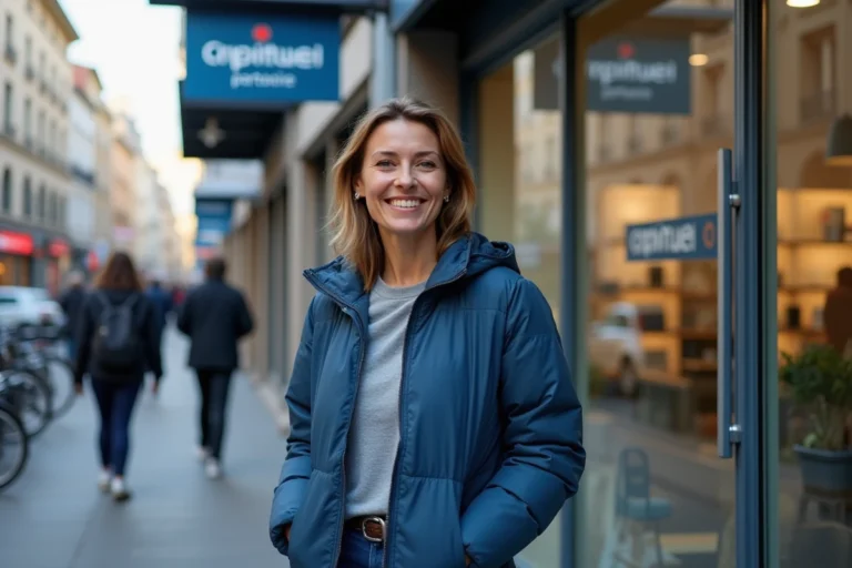 Femme souriante devant un magasin d'optique avec logo Crédit Mutuel