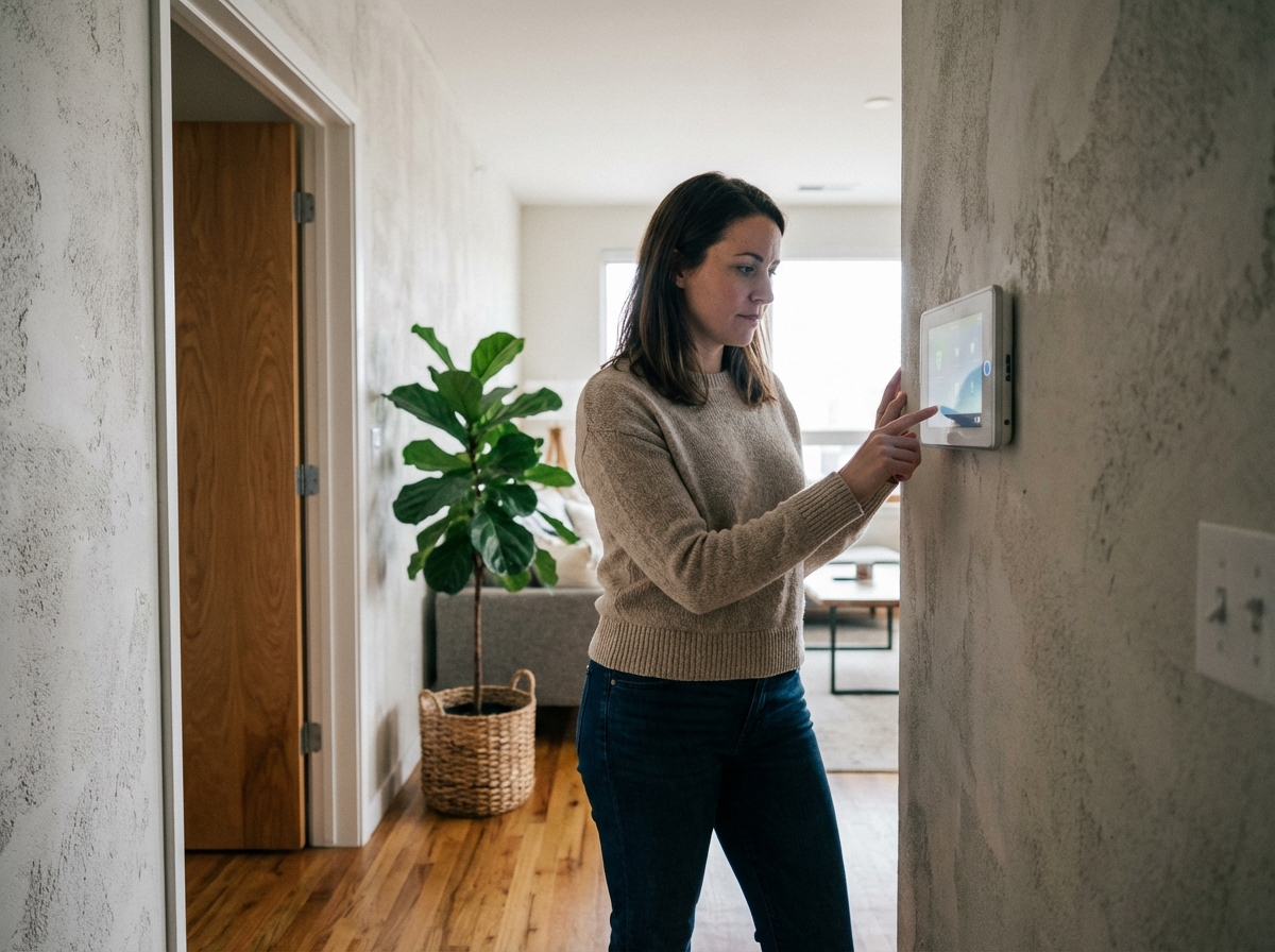 Jeune femme contrôlant un panneau de sécurité numérique à Lyon