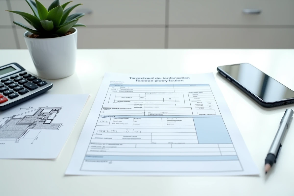 Vue de dessus d'un formulaire de déclaration fiscale pour une terrasse avec plan architectural et calculatrice