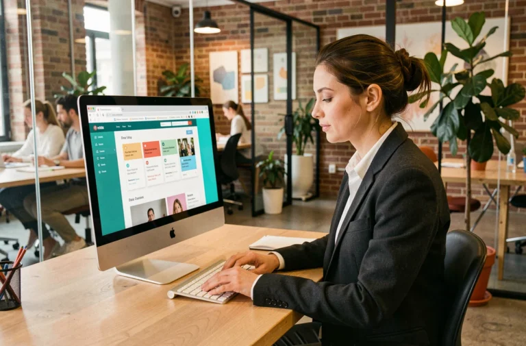 Graphiste travaillant sur un site web dans un studio créatif moderne pour booster la présence digitale d'une entreprise