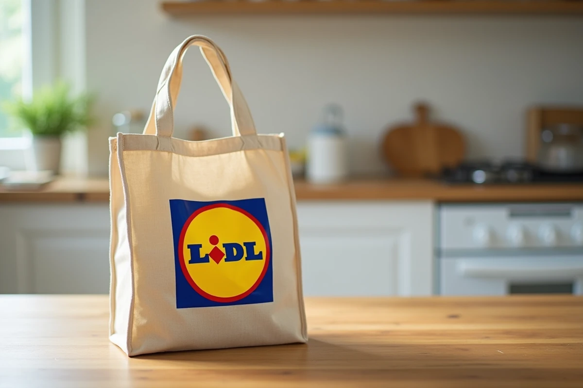 Gros plan du logo Lidl imprimé sur un sac de course réutilisable posé sur une table en bois