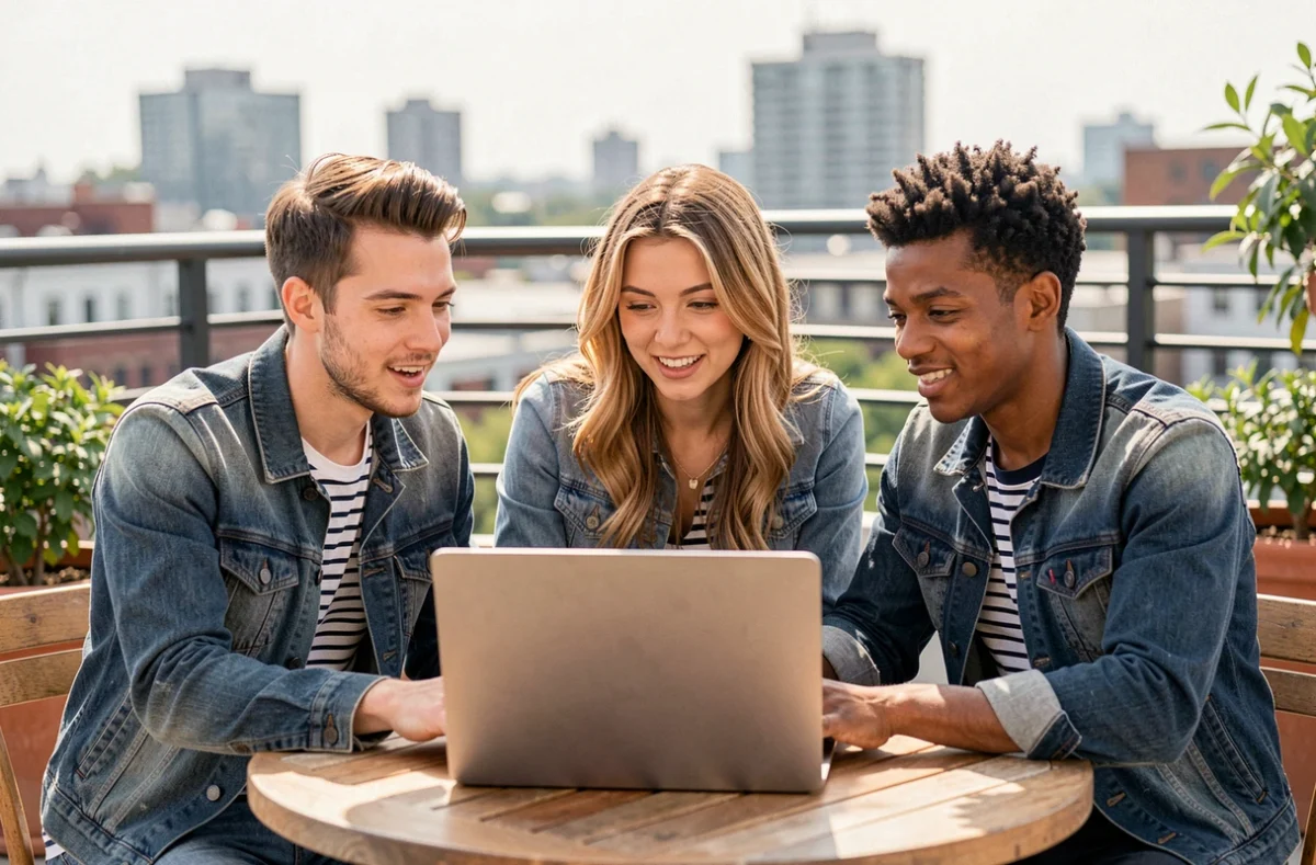 Groupe de jeunes professionnels discutant des dernières tendances autour d'un ordinateur portable en terrasse