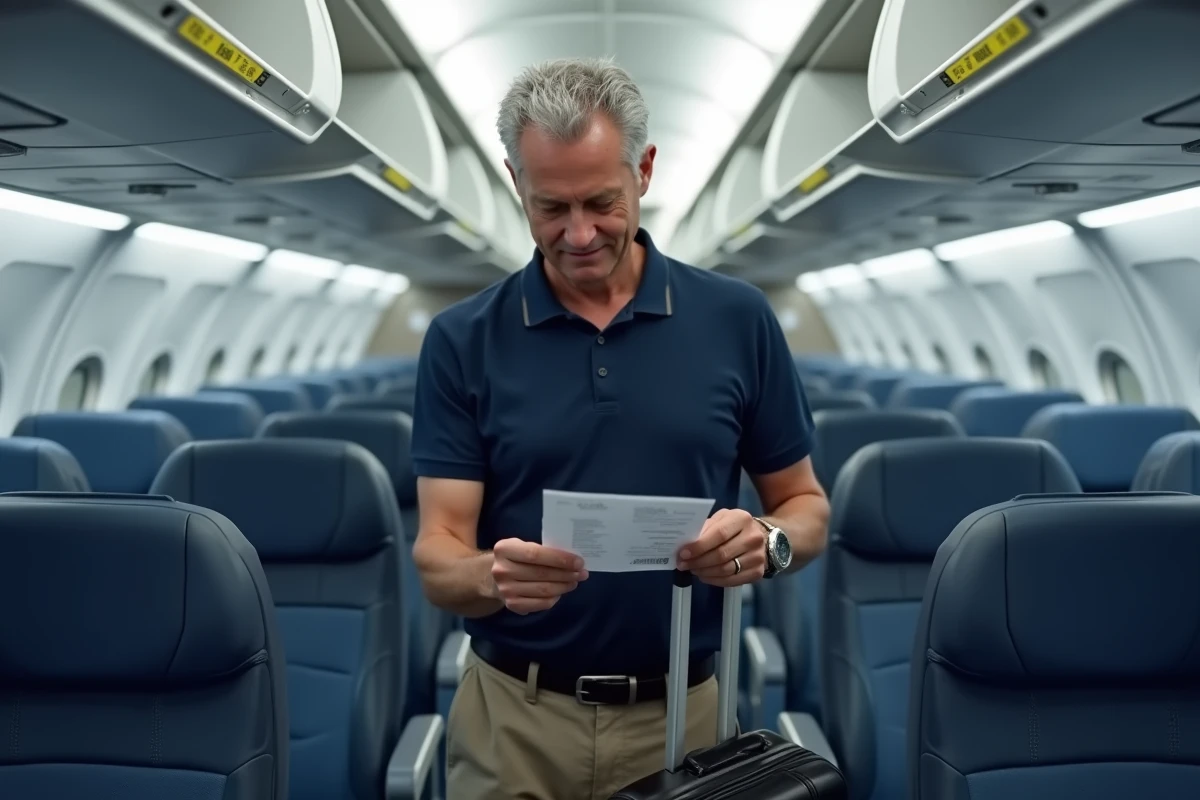 Homme dans l'allée d'un avion consultant sa carte d'embarquement pour trouver sa place