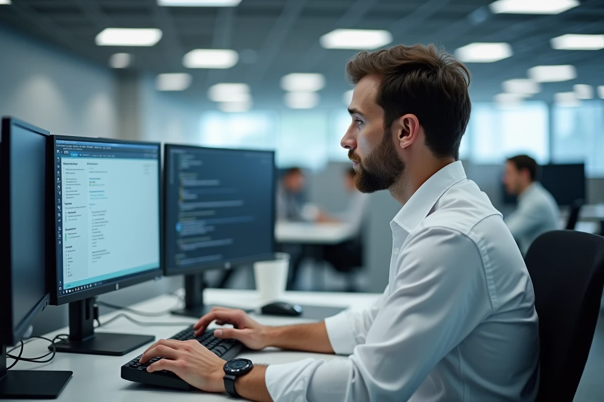 Homme en entreprise résolvant un problème de connexion sur un portail de gestion de documents RH