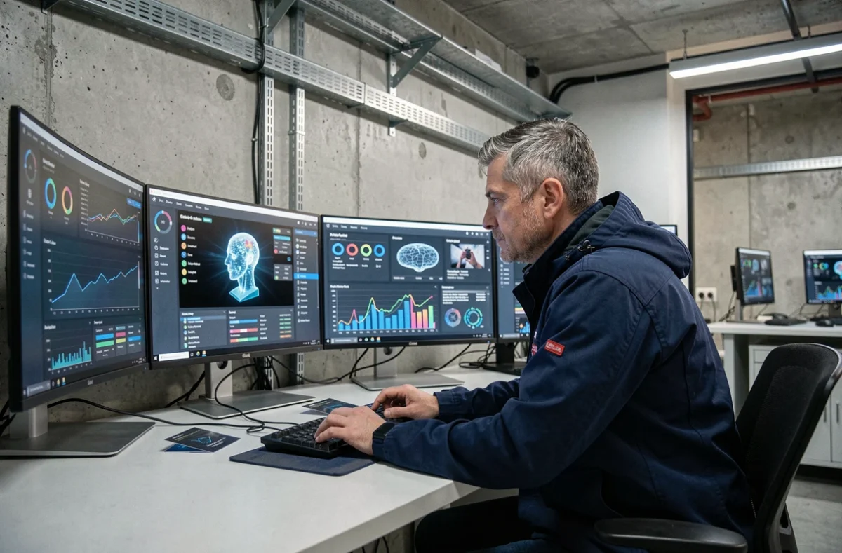 Homme travaillant sur plusieurs écrans avec interfaces IA dans un laboratoire technologique