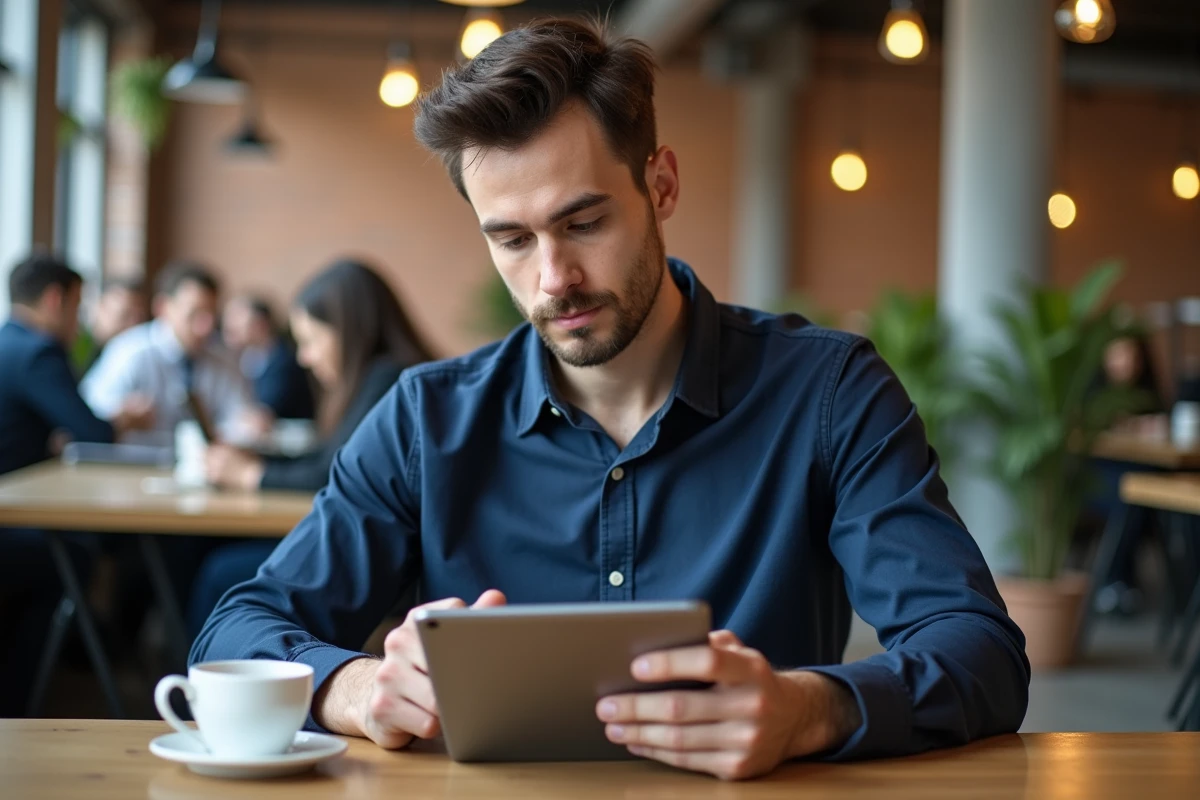 Homme consultant des offres d'emploi sur tablette dans un espace de co-working moderne